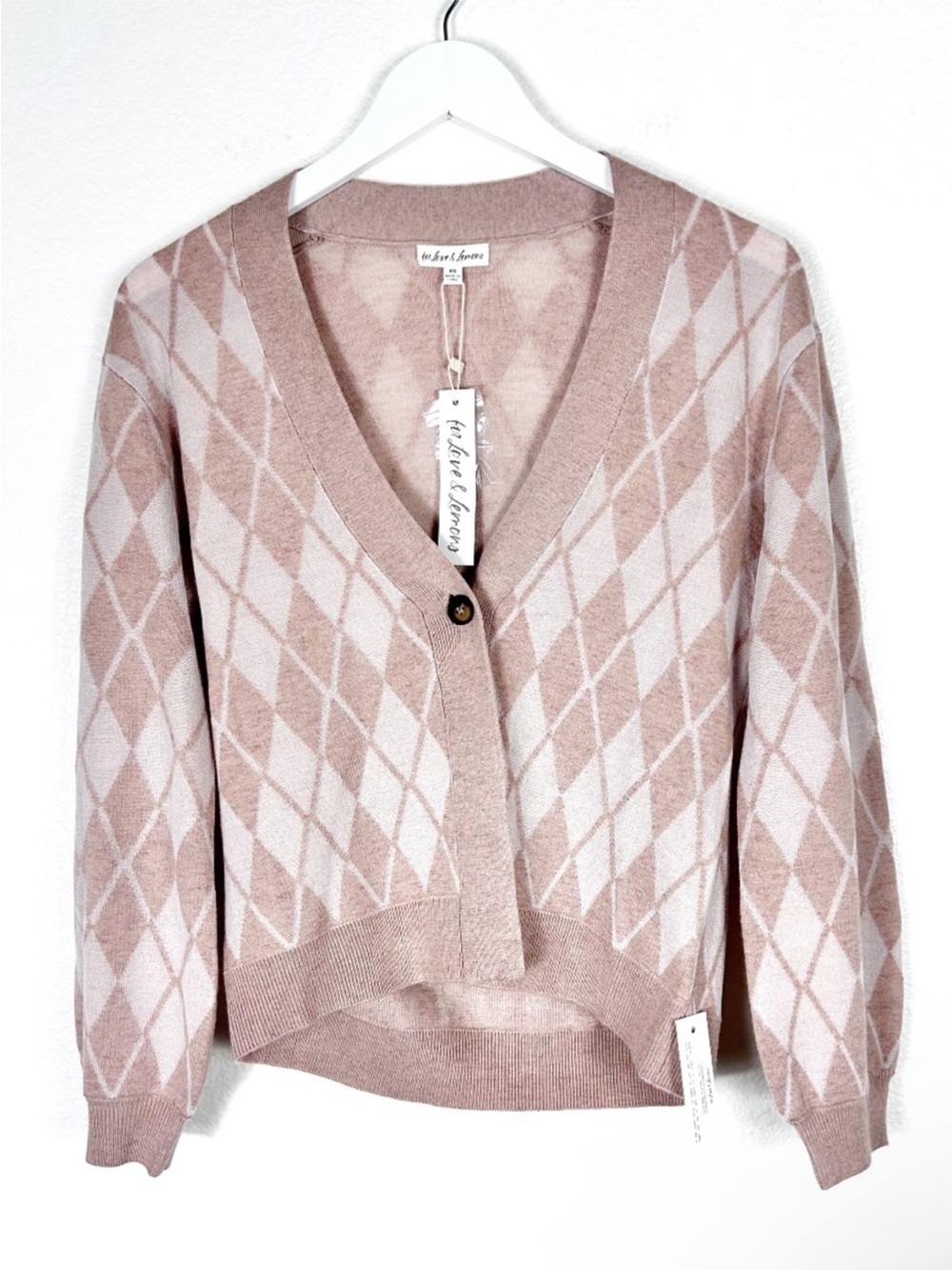 NWT For Love & Lemons Argyle Cassidy cardigan sweater preppy mauve brown size XS